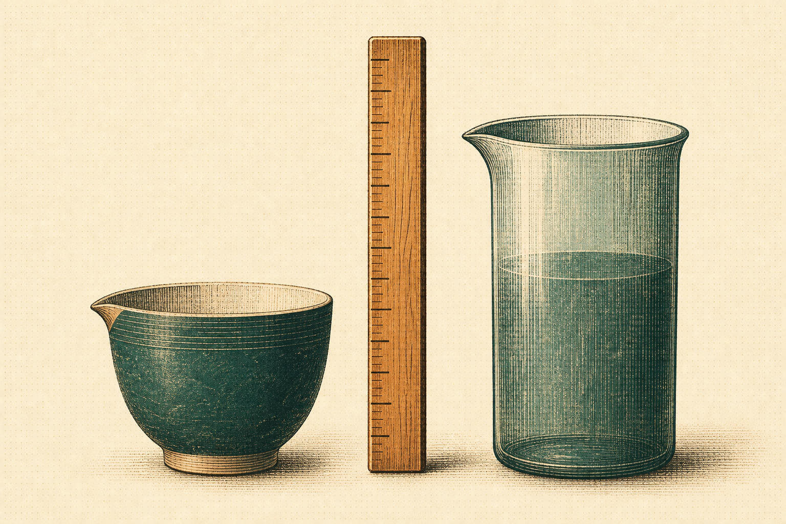 松墨纸版画：并排一只小茶碗与一只高量杯，中间立着同一把木尺，隐喻用同一标准比较两个产品